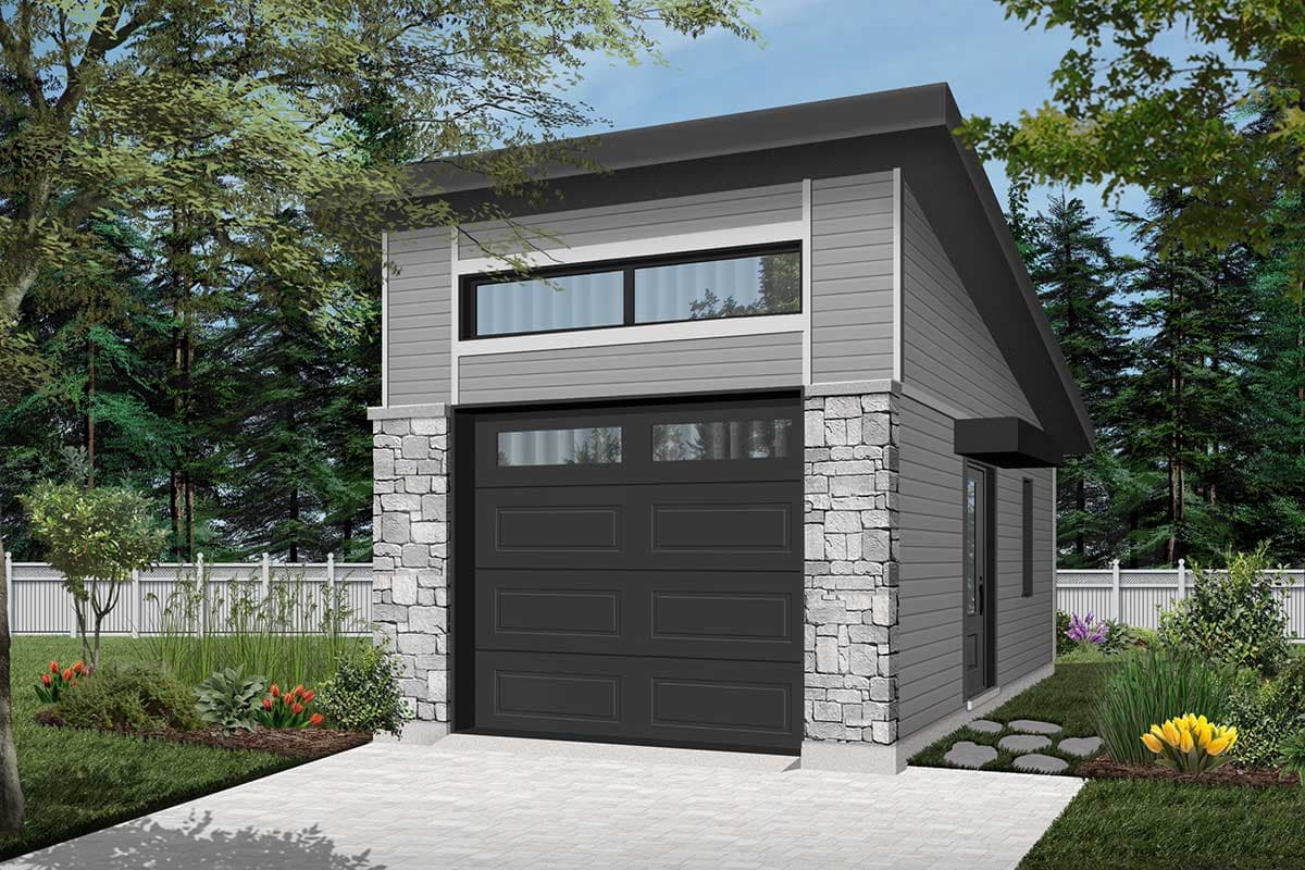 Modern garage plan exterior with stone accents, dark garage door, horizontal siding, and a long horizontal window.