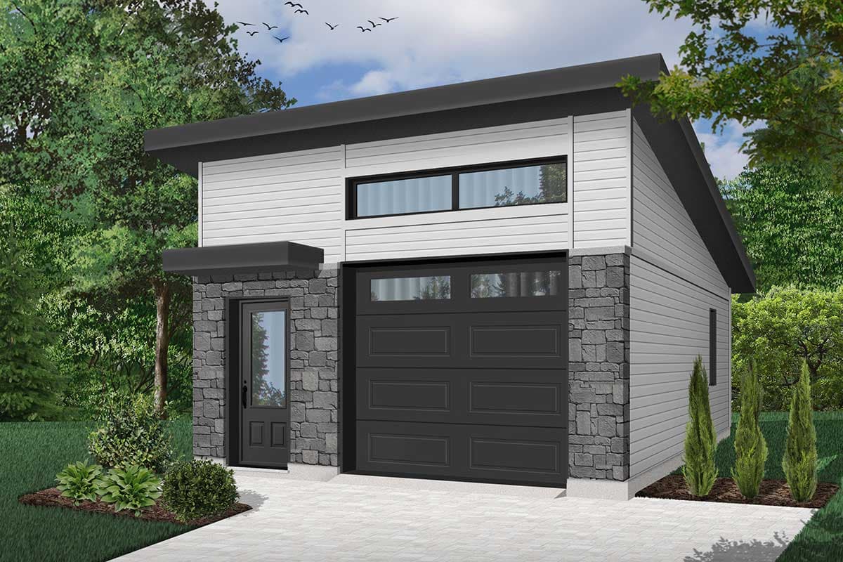 Modern house plan exterior with stone base, horizontal siding, garage door, and single entry door. Sloped roofline.
