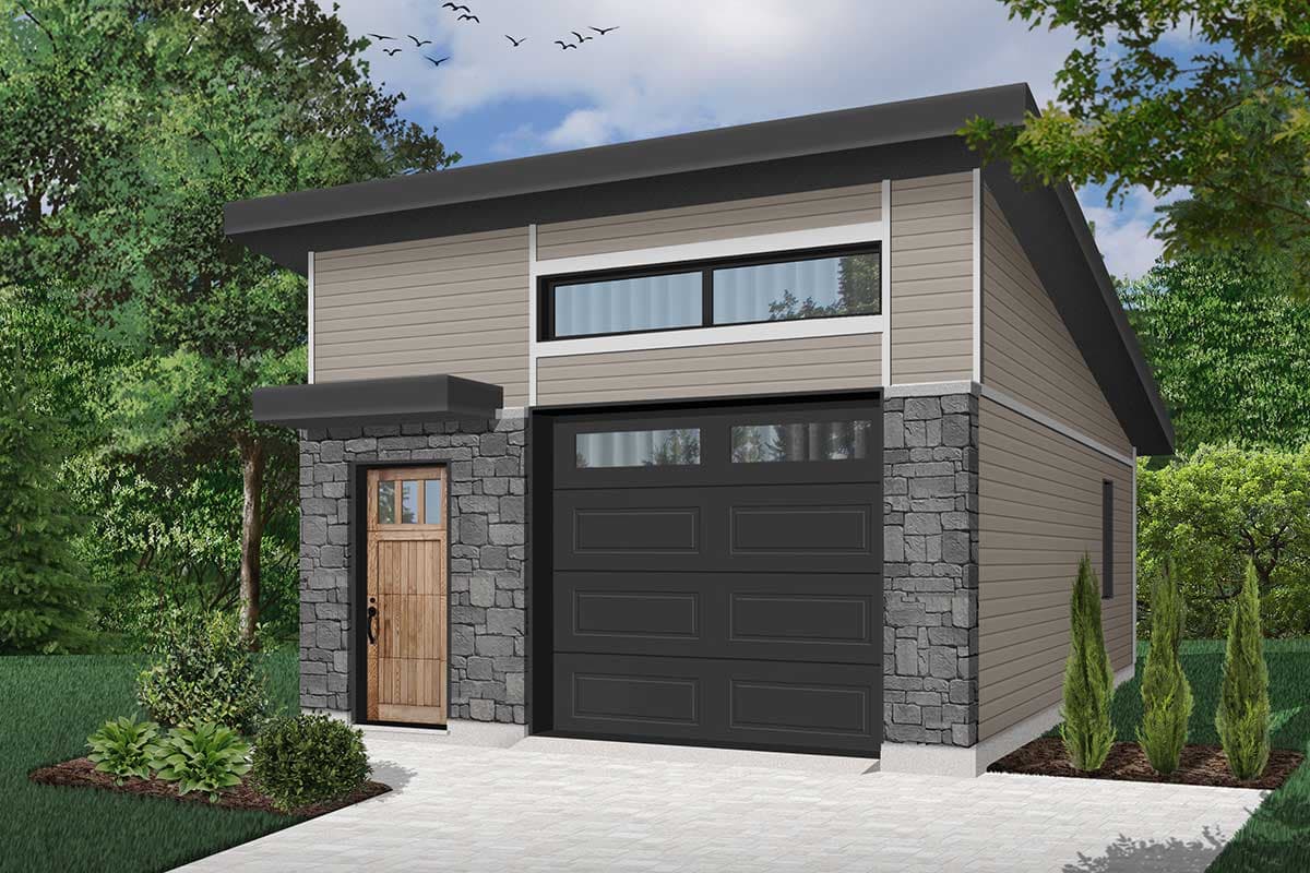 House plan exterior. Modern style with a single story. Features include a flat roof, stone facade accents, and a garage door with window inserts.