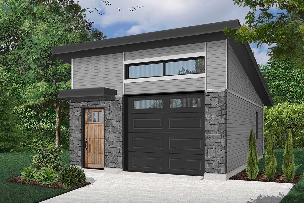 Modern garage plan with stone base, horizontal siding, and a single garage door with windows.