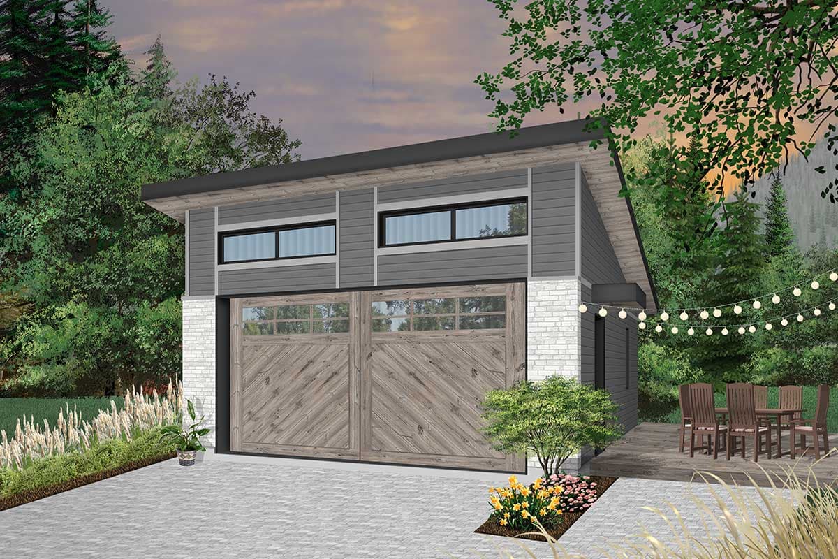 House plan exterior. Two-story Modern style with gable roof and two large garage doors. Features include brick accents and horizontal siding.