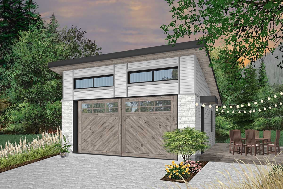 House plan exterior with modern design, white horizontal siding, brick base, two garage doors, and two narrow windows.