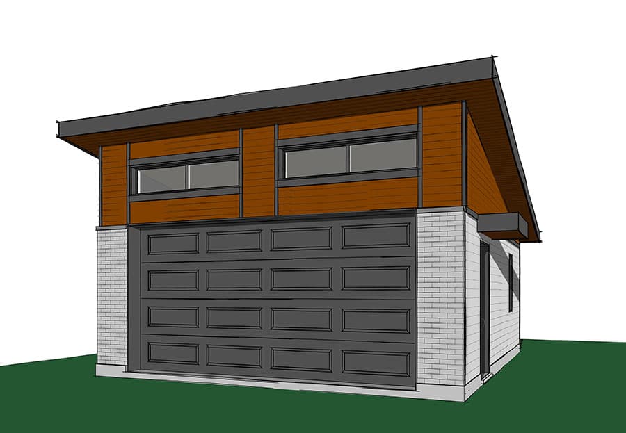 Modern garage plan exterior with brick base, wood siding, dark garage door, and horizontal windows under a slanted roof.