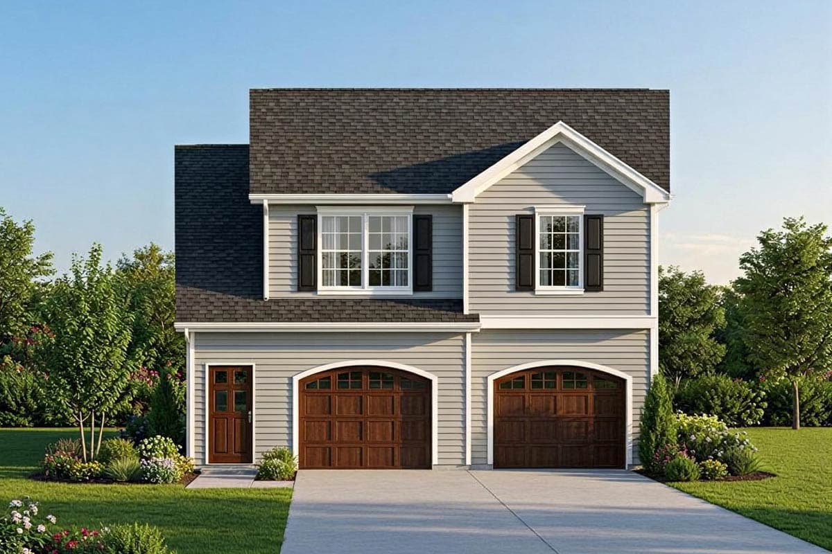 House plan exterior with two stories, gabled roof, and two-car garage. Features include dormers and white trim on windows and doors.