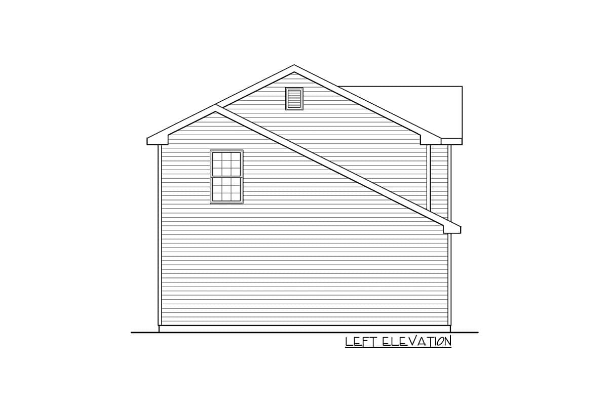 Left elevation drawing of a house with horizontal siding, a gabled roof, and one window.