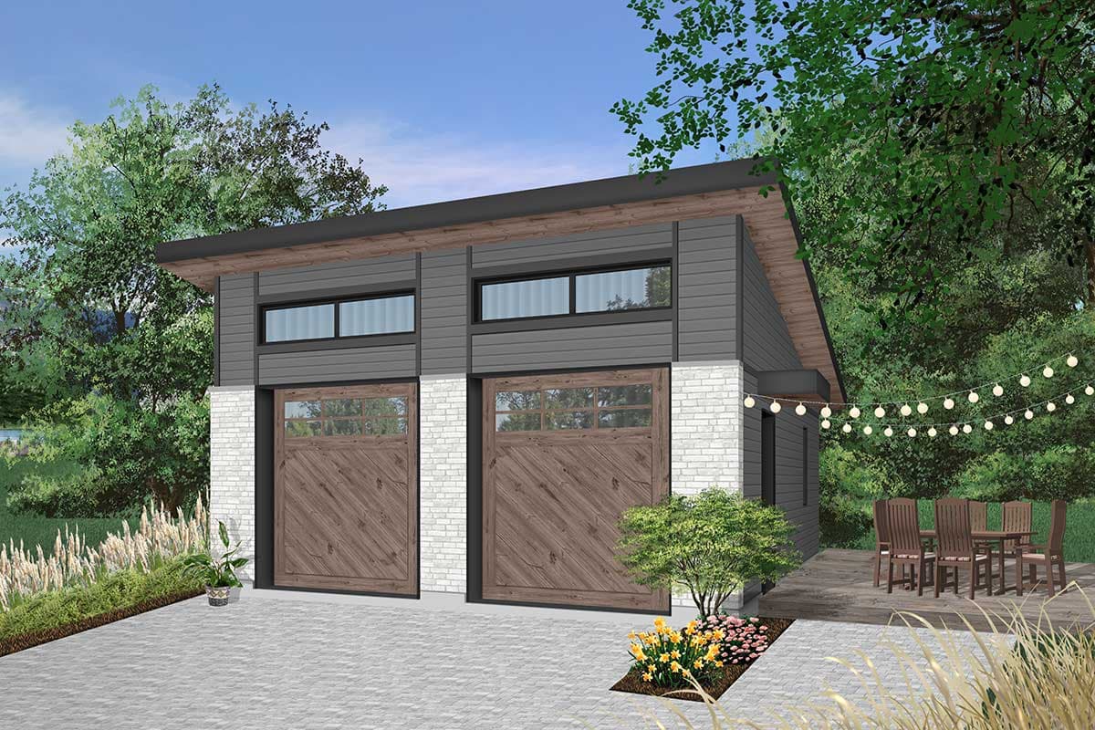 Modern house plan exterior with two garage doors, white brick base, horizontal siding, and a sloped roof.