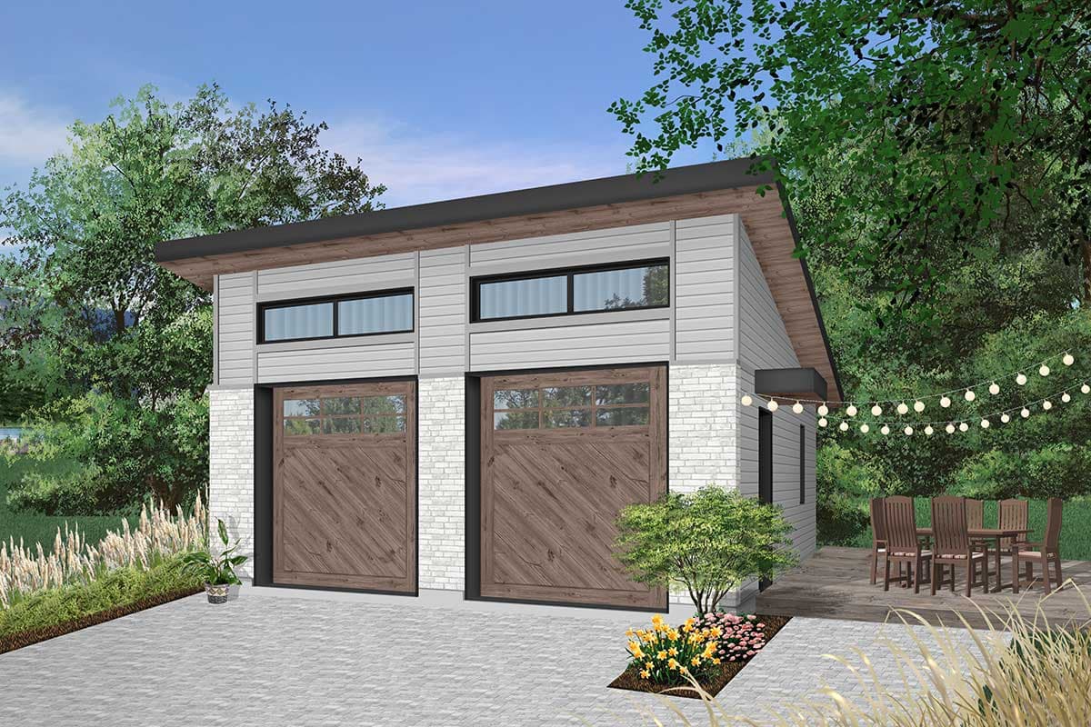 House plan exterior. Modern style, one story, two garage doors, horizontal siding, and a shed roof.
