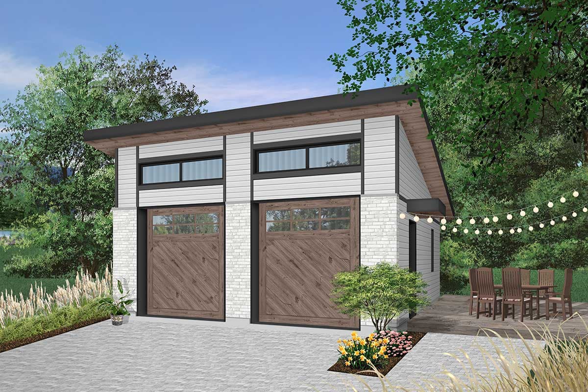 Modern house plan exterior with two garage doors, white brick base, horizontal siding, and angled roof.