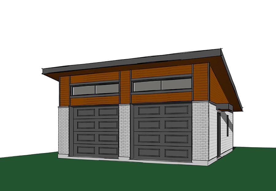 Modern garage plan with two bays, horizontal windows above, wood siding, and brick base.