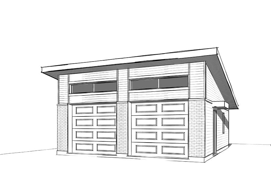 House plan exterior of a two-car garage with a shed roof, horizontal siding, and brick accents. Features two garage doors and clerestory windows.