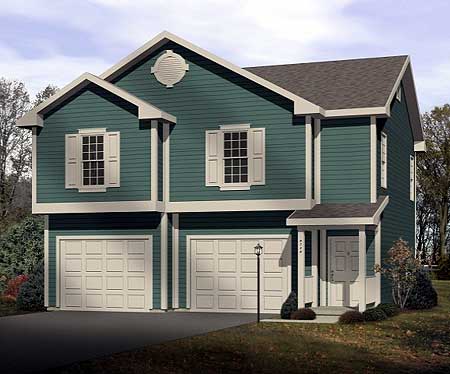 House plan exterior: Two-story home with a gabled roof, dual garage doors, decorative gable vent, and a covered front entrance.