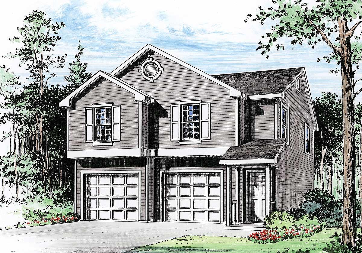 House plan exterior: Two-story dwelling with a double garage, gable dormer, and circular attic window.