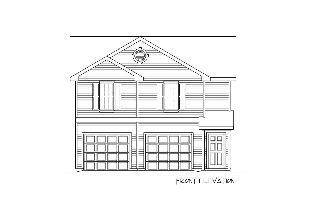 Front elevation drawing of a two-story house plan with two garage doors, two upper windows, and a central gable with a decorative vent.