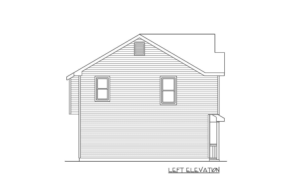 Left elevation house plan showing clapboard siding, gable roof, two windows, a vent, and a small porch.