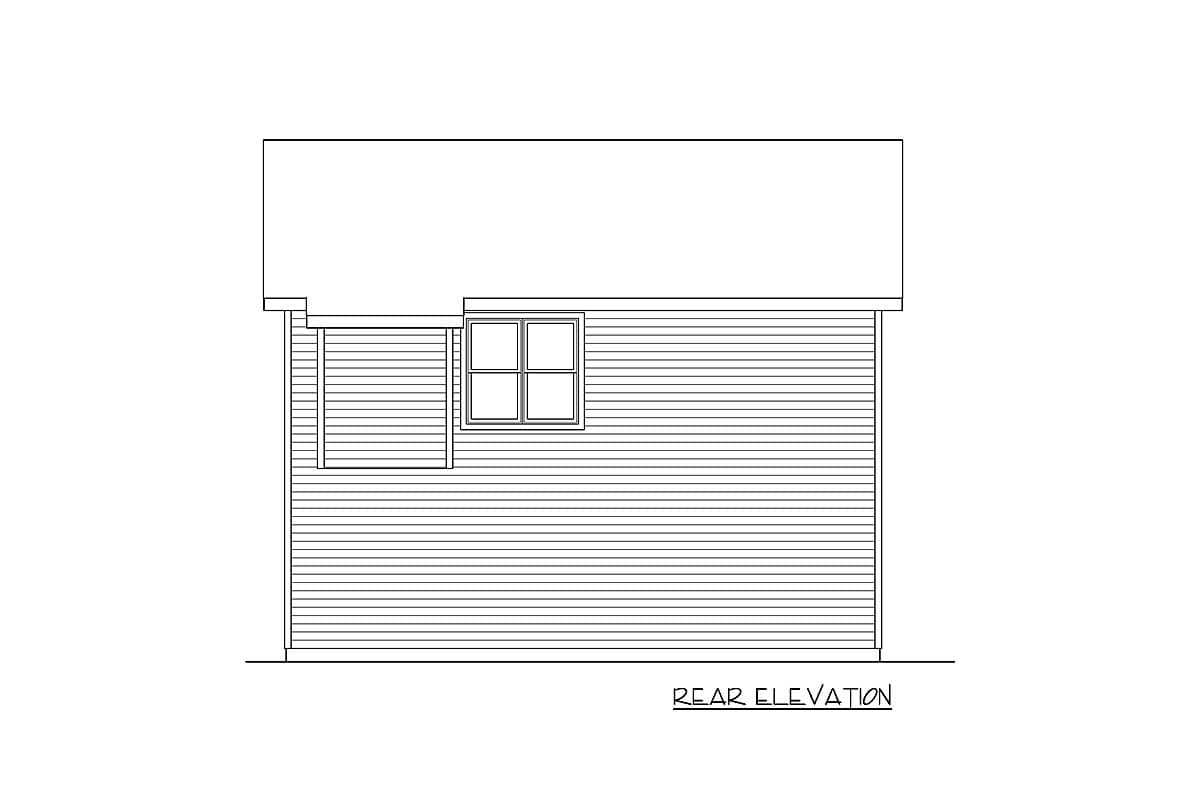 Rear elevation drawing of a house plan featuring horizontal siding and a single window.