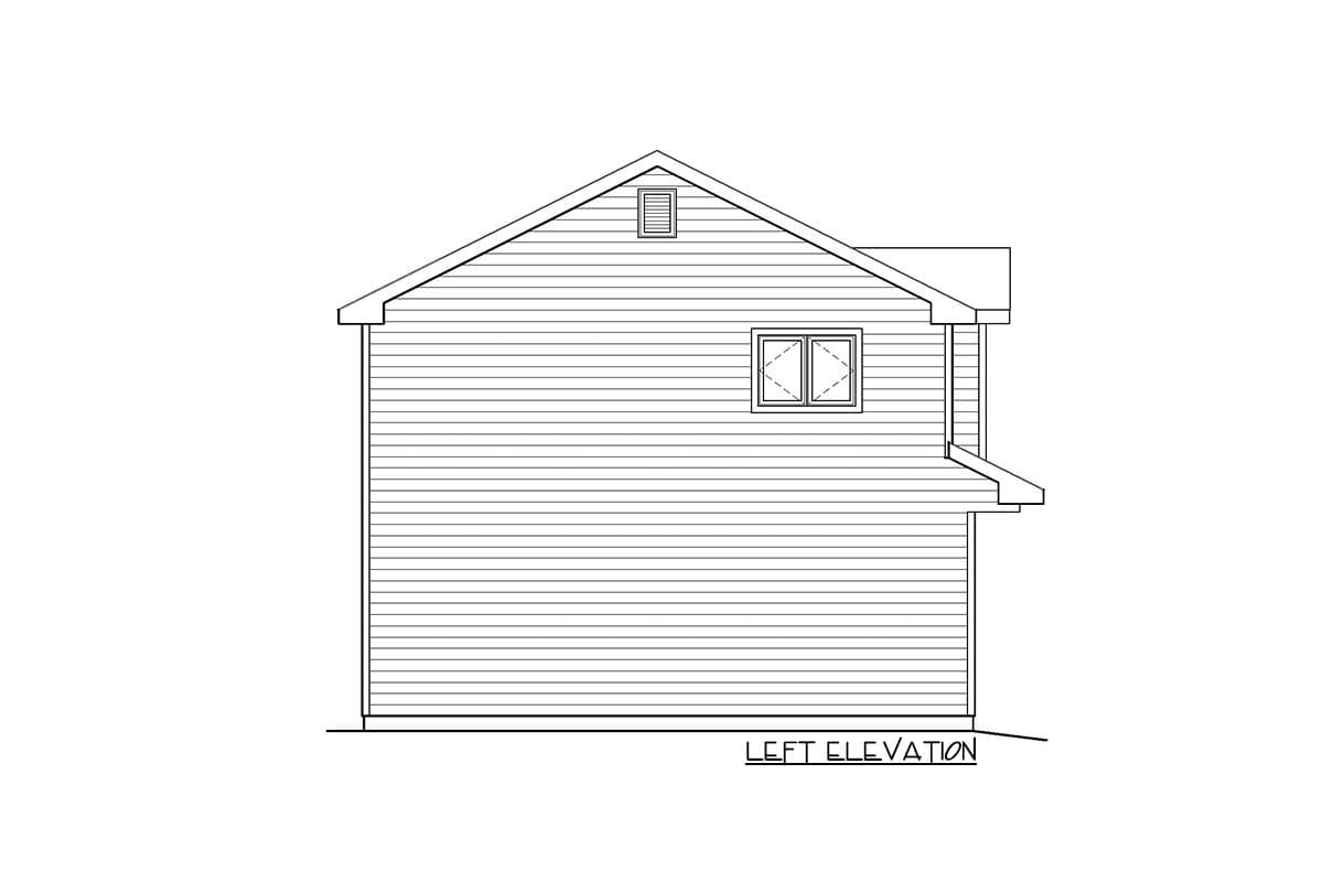 Left elevation drawing of a house plan showing horizontal siding, a gable roof, one window, and a vent.