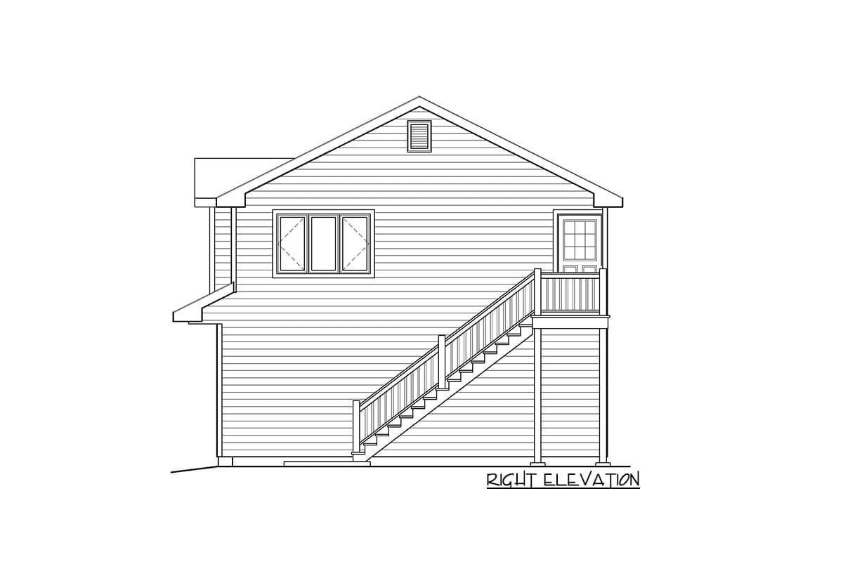 Right elevation house plan drawing showing horizontal siding, a gable roof, three windows, and a covered entrance with stairs.