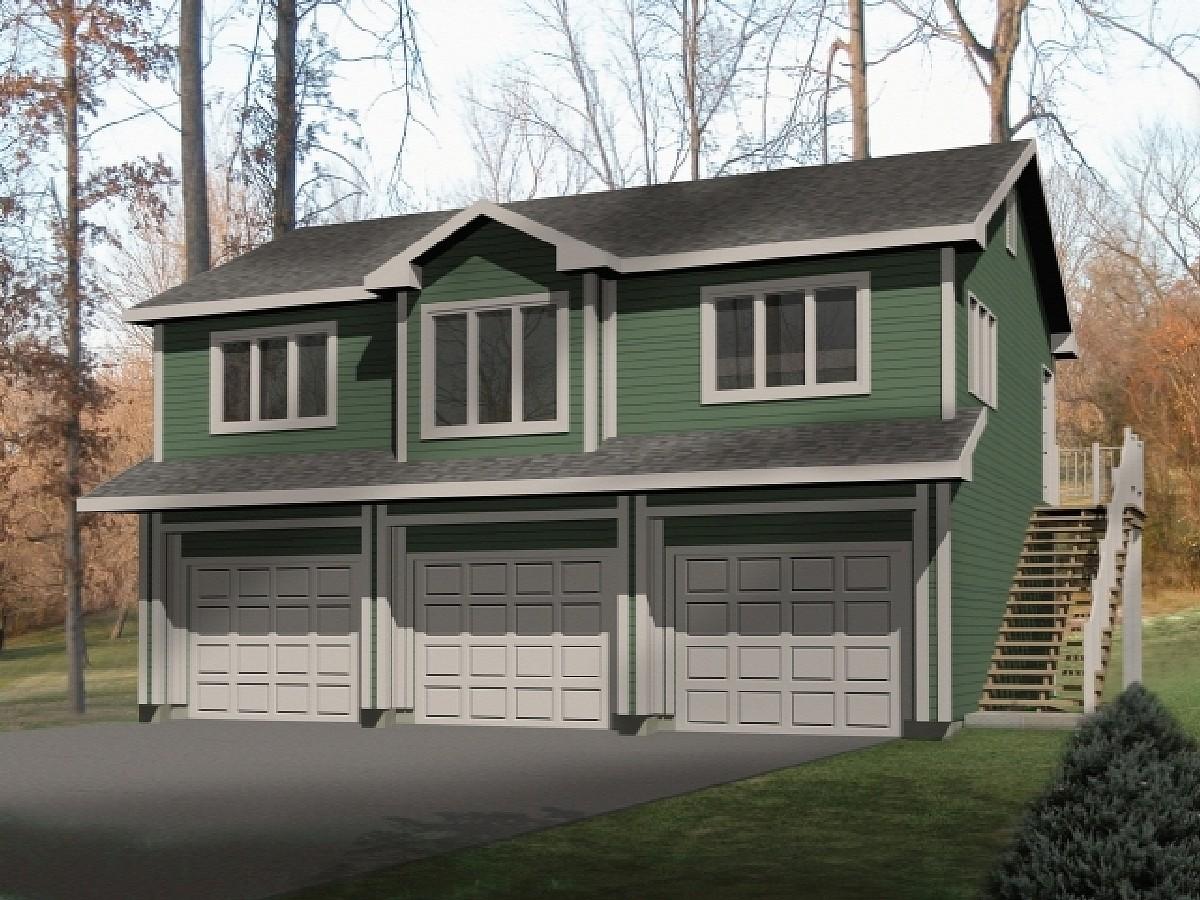 House plan exterior with a two-story design, three garage bays, multiple gables, and exterior stairs.