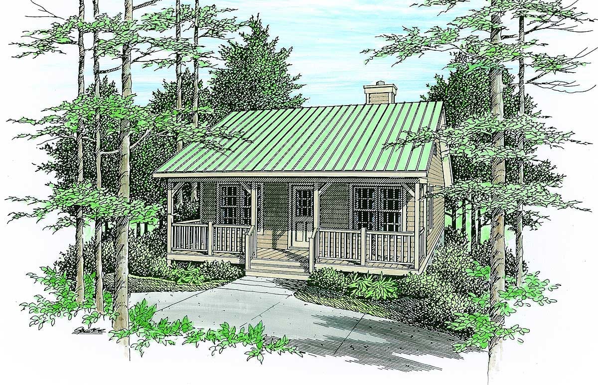 House plan exterior: small cottage with a full-width front porch, gabled roof, and chimney.
