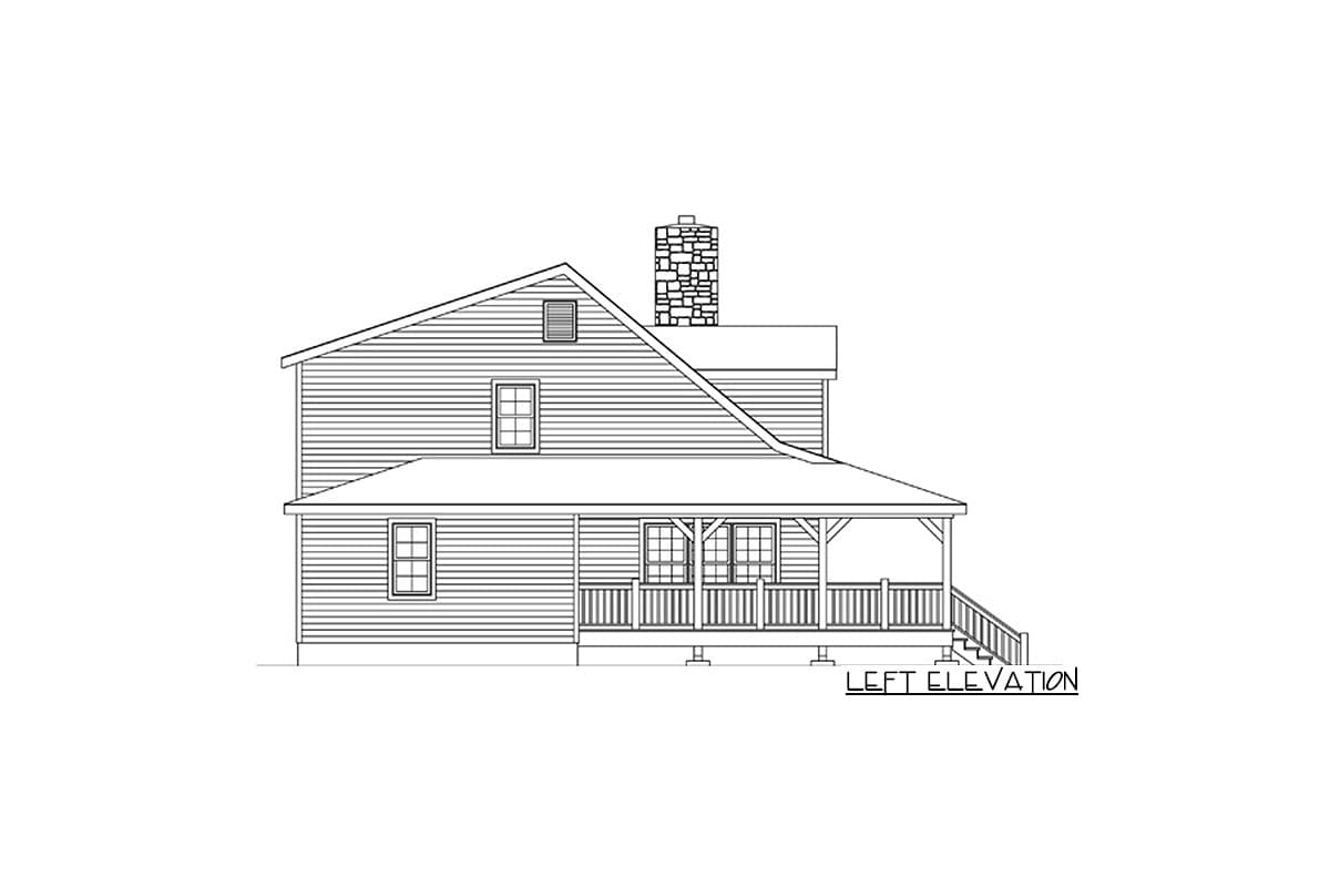 Left elevation drawing of a two-story house plan featuring a covered porch, stone chimney, and multiple windows.