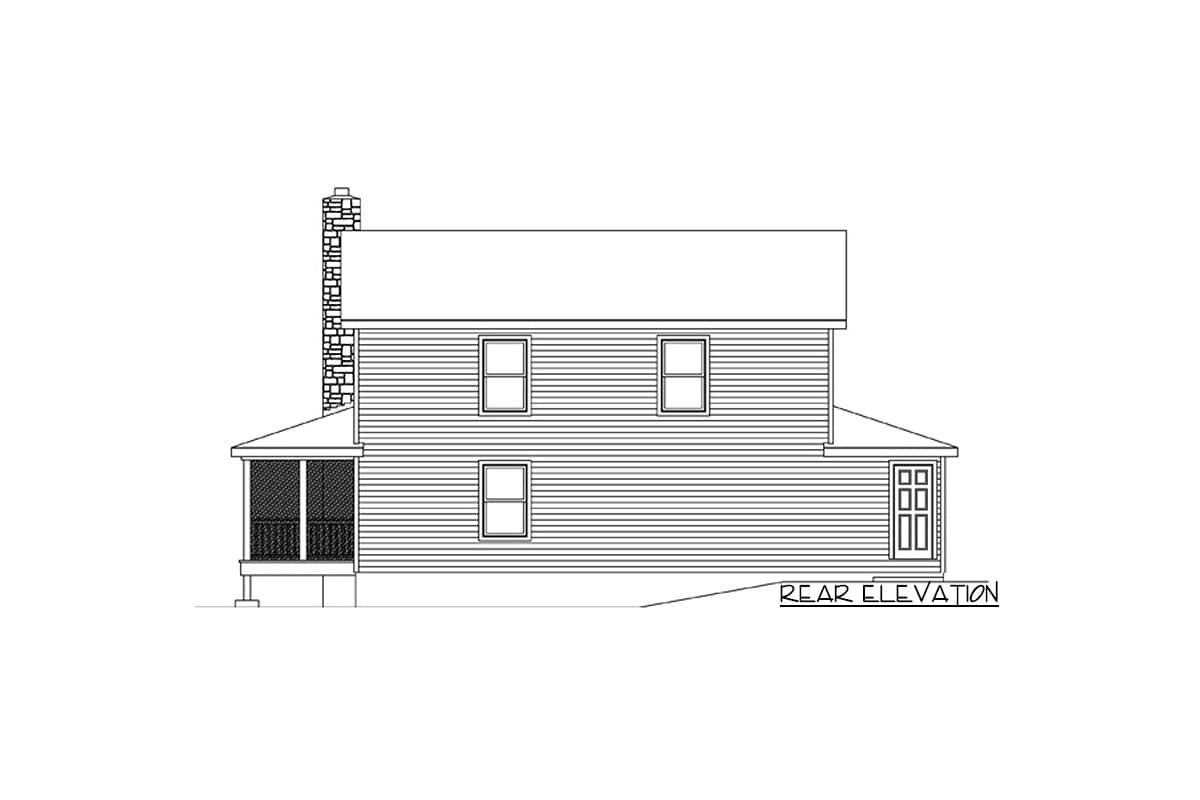Rear elevation drawing of a two-story house with a screened porch, stone chimney, and a back door.