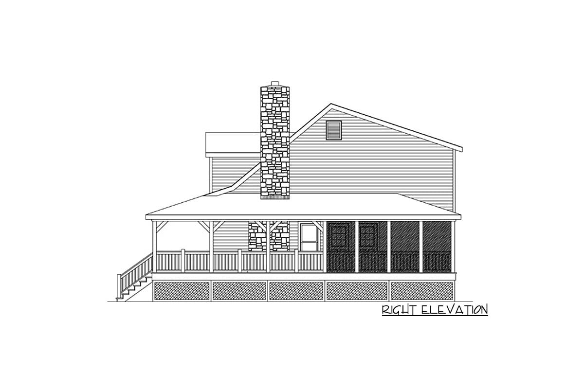 Right elevation house plan showing a house with a large stone chimney, a covered porch with screened sections, and gabled roof.