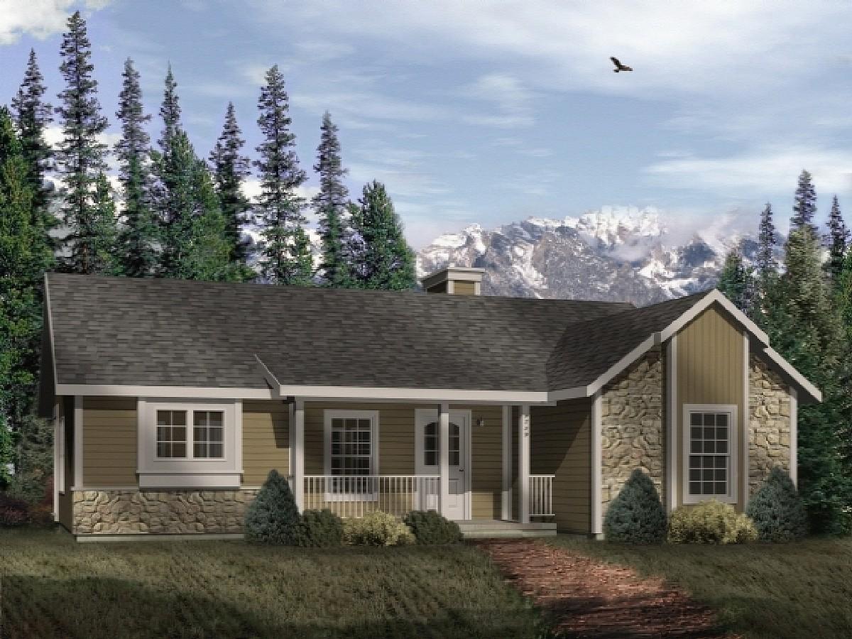 House plan exterior: Single-story home with a covered porch, stone accents, and gable rooflines.