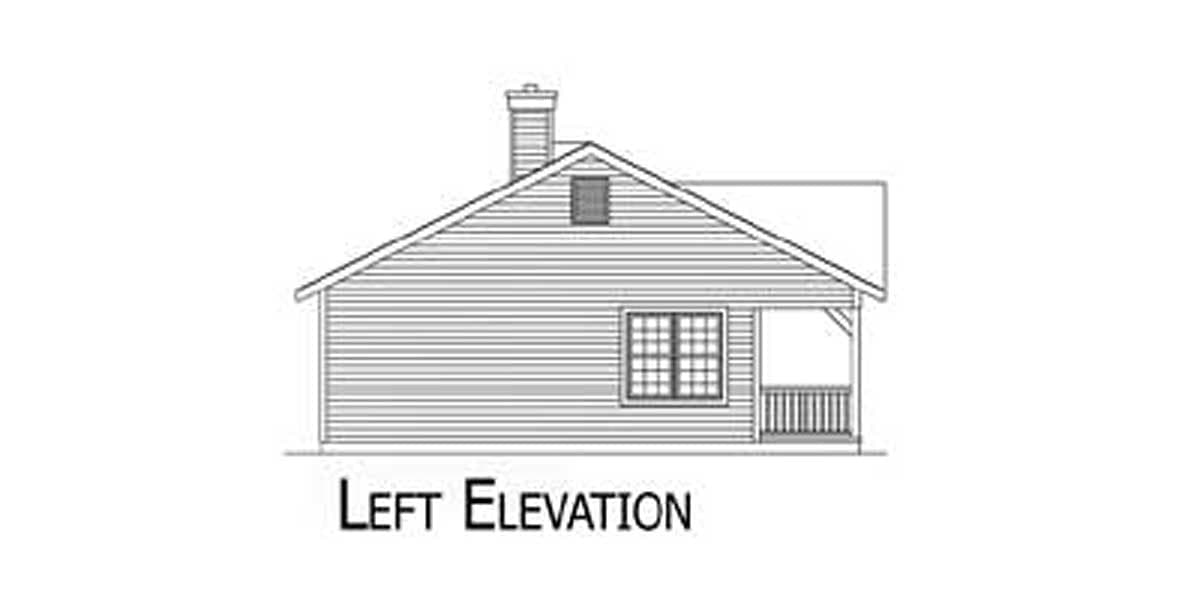 Left elevation drawing of a house plan with siding, a window, a chimney, and a small porch with railing.