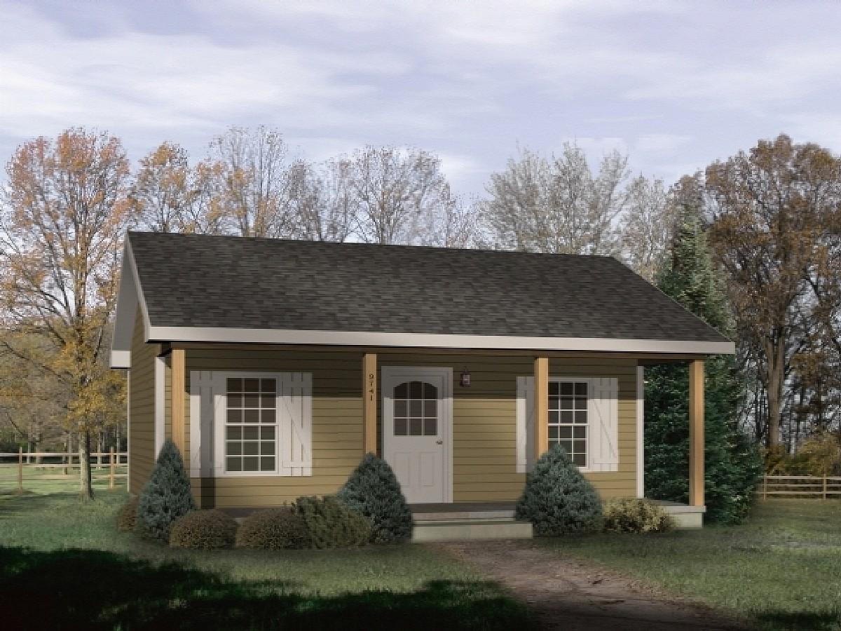 House plan exterior of a one-story cottage with a covered front porch, centered door, and two windows with shutters.