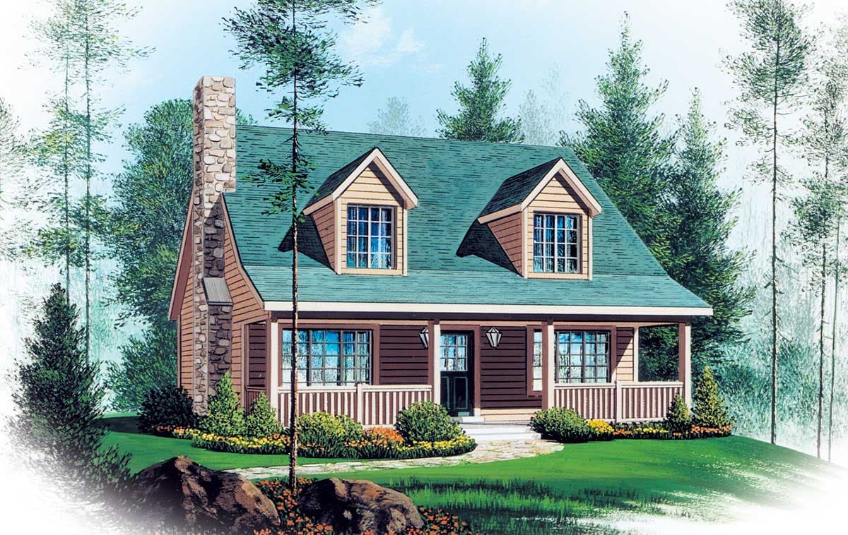 House plan exterior featuring a stone chimney, gambrel roofline, dormers, and a full-width porch with railings.