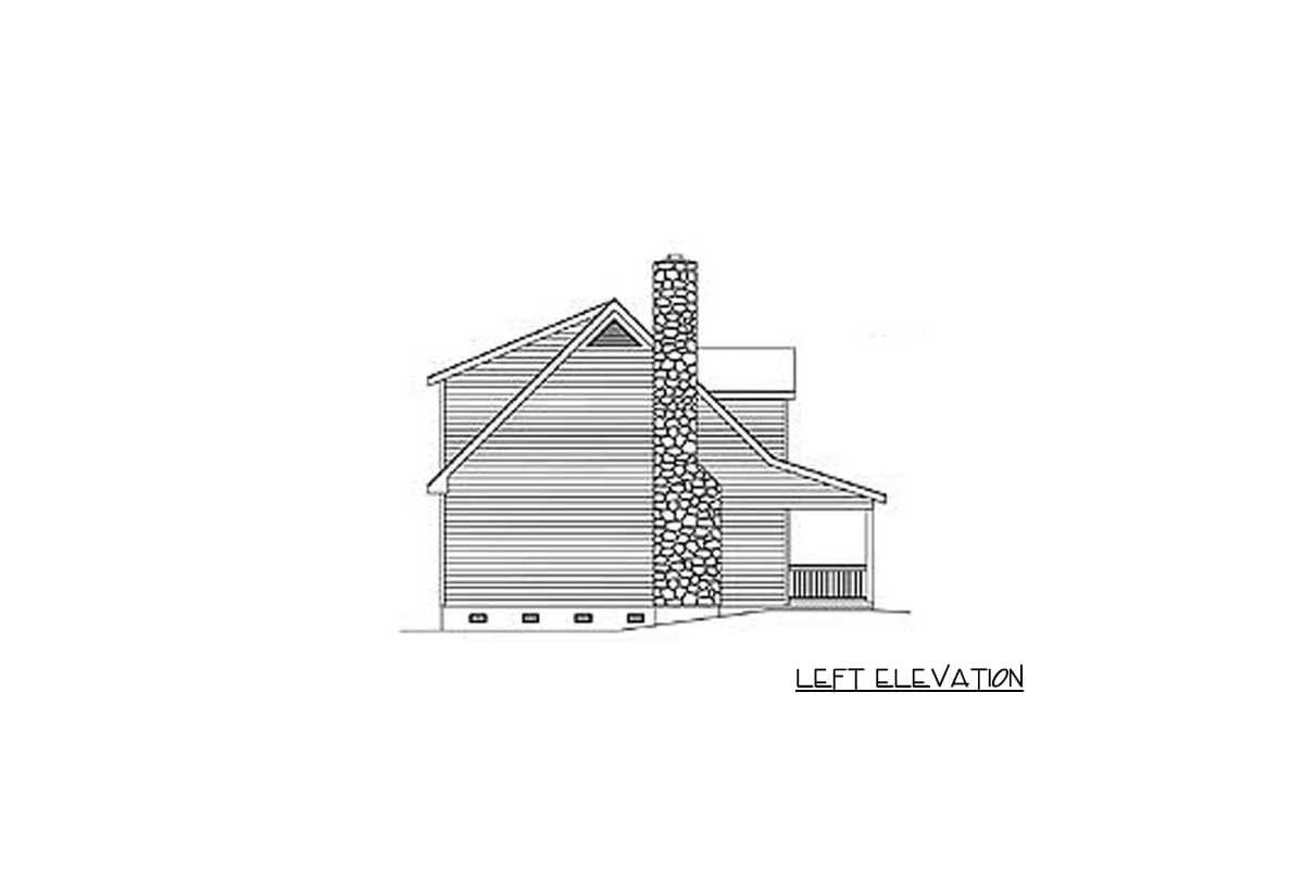 Left elevation drawing of a house plan showing a stone chimney, vinyl siding, gabled roof, and covered porch.