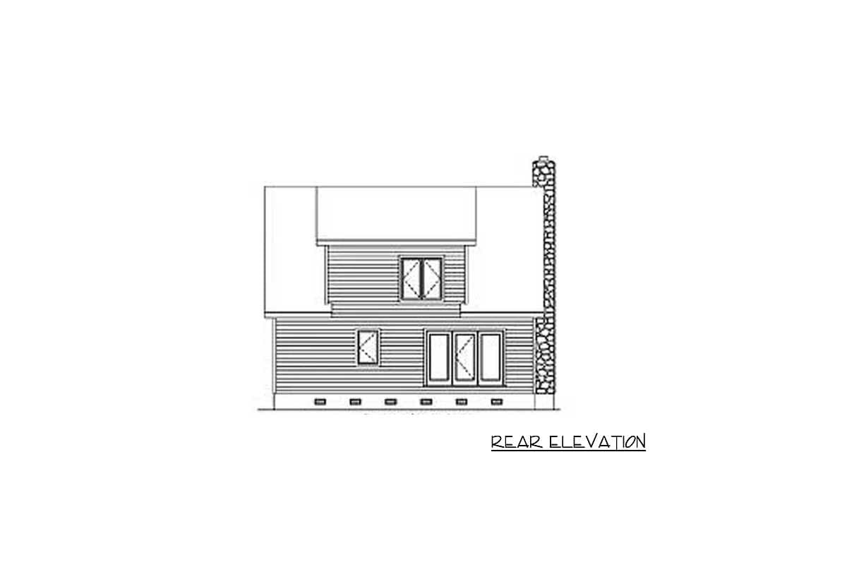 Rear elevation drawing of a two-story house plan featuring horizontal siding, a stone chimney, and French doors.