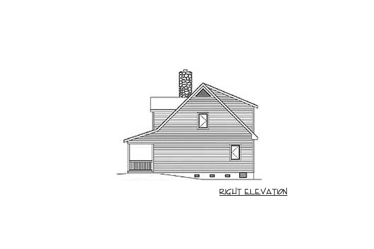 Right elevation house plan drawing shows a two-story house with a gable roof, stone chimney, and covered porch.