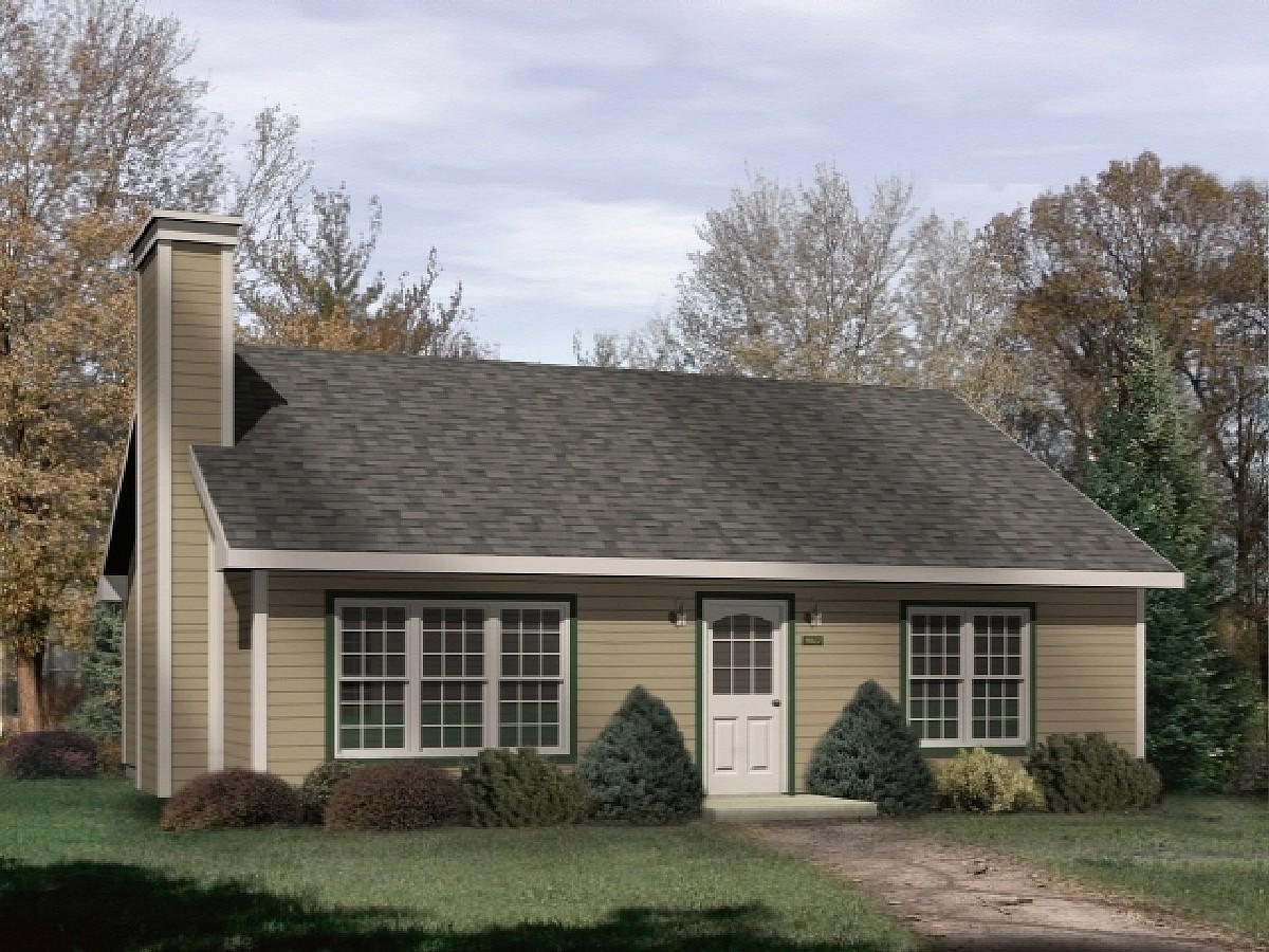 House plan exterior of a one-story home with a prominent side chimney, gable roof, and multiple windows.