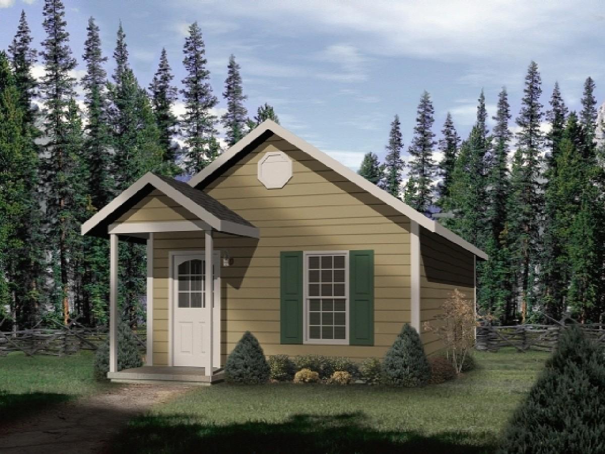 House plan exterior of a one-story cottage with a covered front porch, gabled roof, and decorative gable vent.