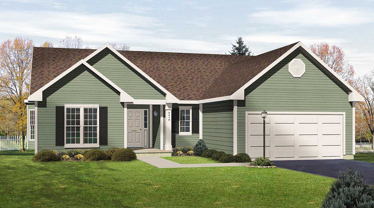 House plan exterior: One-story home with green siding, prominent gables, covered front entry porch, and a two-car garage.
