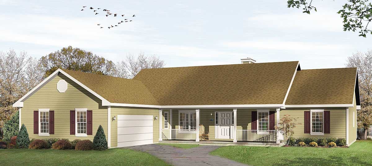 Ranch house plan exterior with a covered front porch, attached garage, and prominent gables.