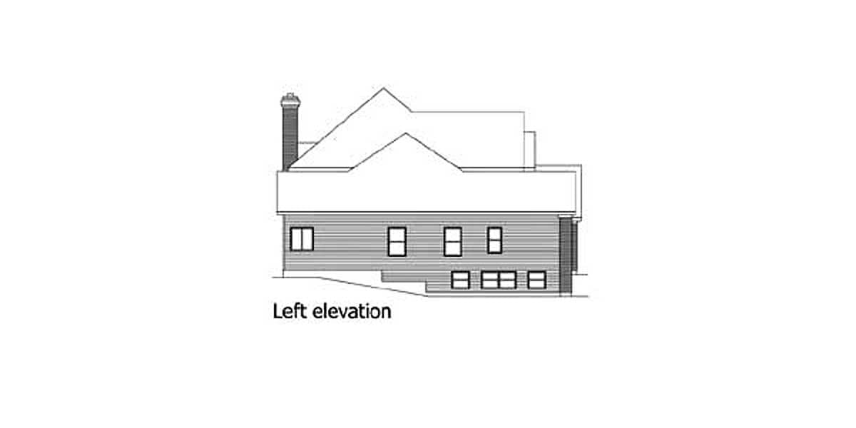 Left elevation drawing of a house plan, showing multiple gables, a chimney, and several windows.