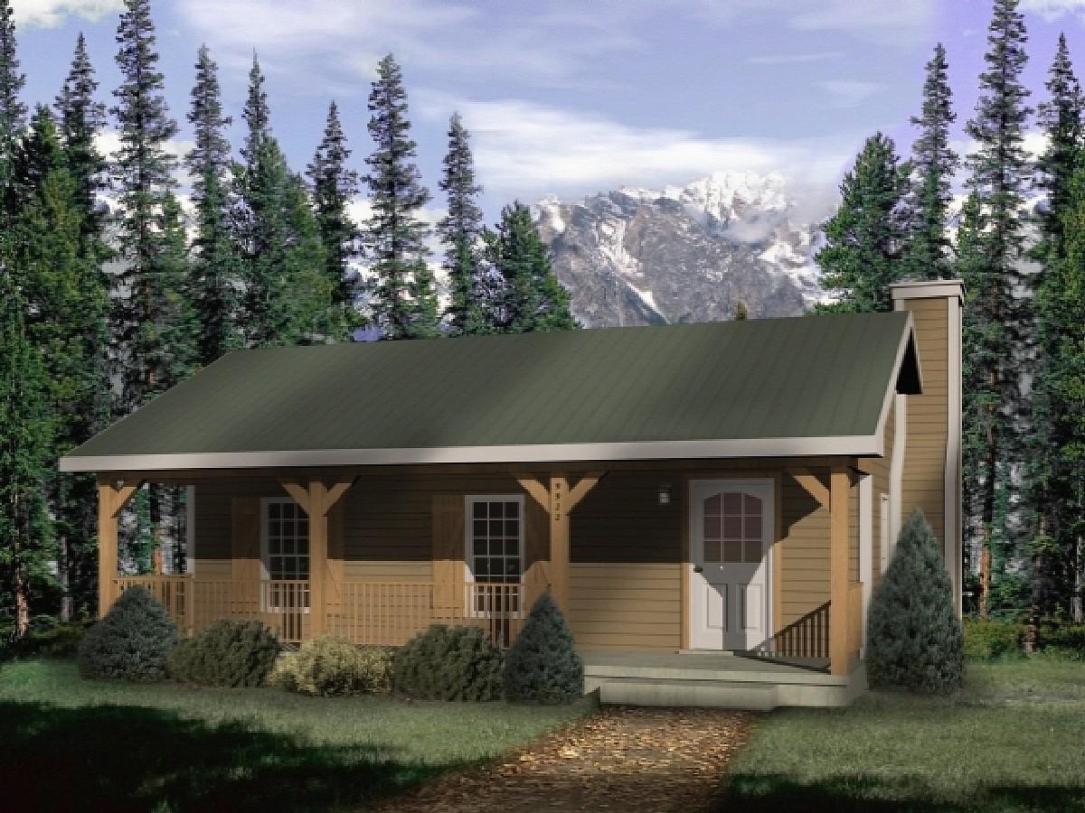 House plan exterior: One-story cabin with covered front porch supported by timber posts and a prominent stone chimney.