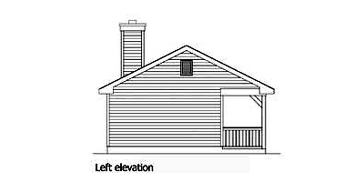 Left elevation drawing of a house plan featuring horizontal siding, a prominent chimney, a gable vent, and a covered porch with railings.