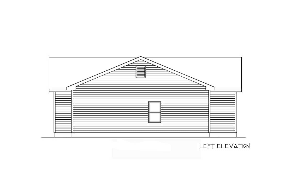 Left elevation drawing of a house plan with horizontal siding, a gable roof, and two windows.