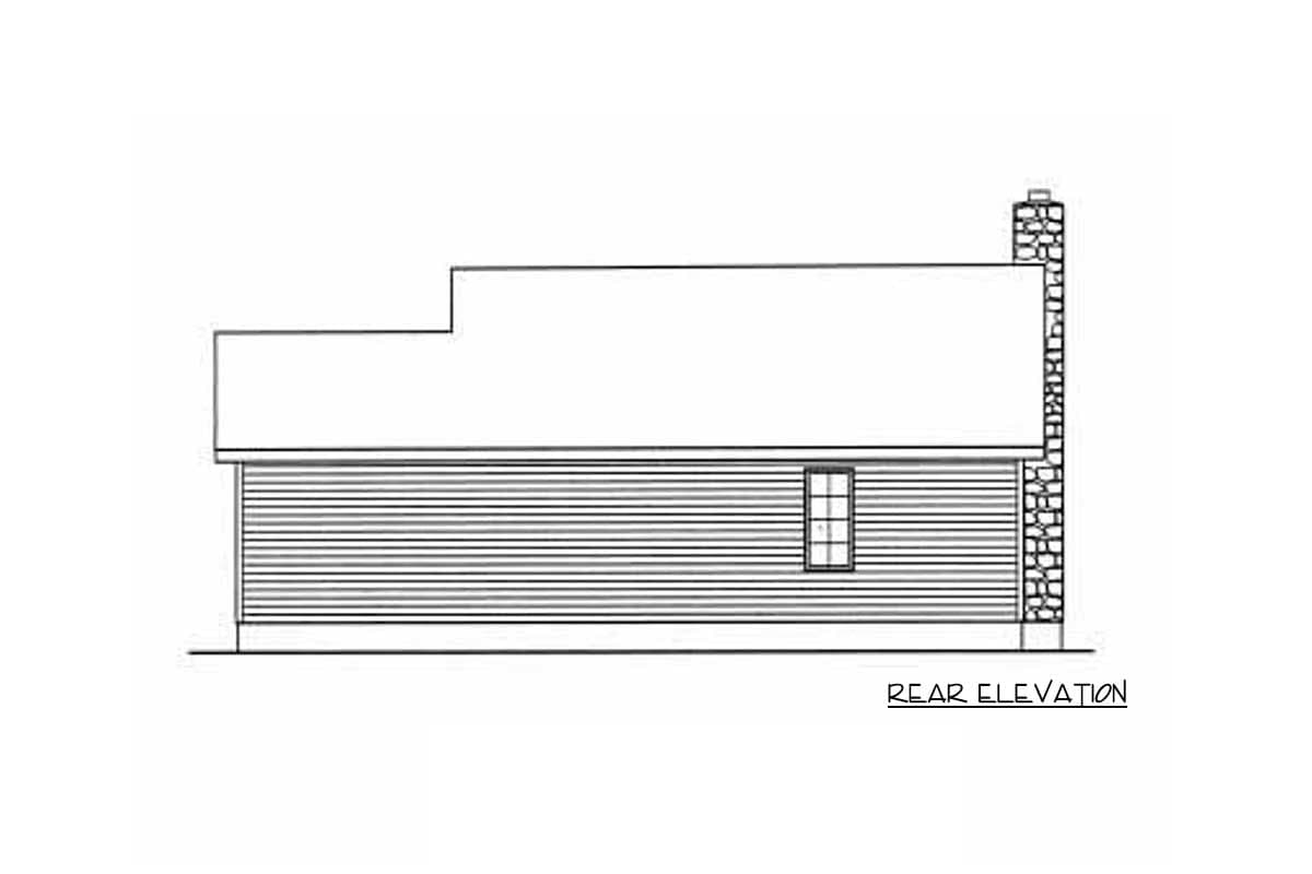 Rear elevation of a house plan showing horizontal siding, a single window, and a stone chimney.