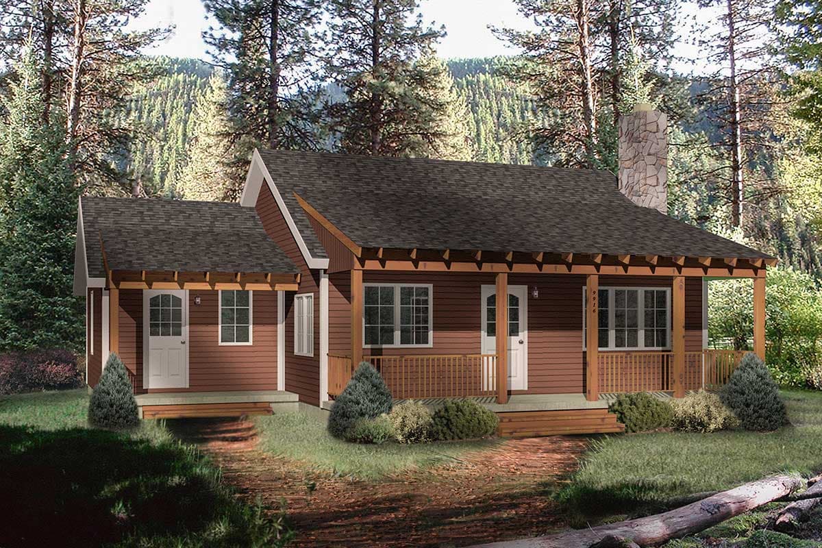 House plan exterior with a prominent stone chimney, covered porch with wood lattice railing, and multi-pane windows.