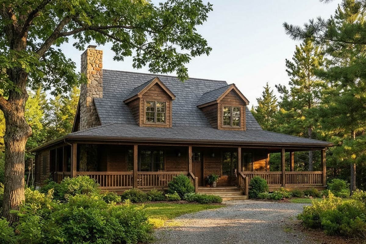 House plan exterior: One-and-a-half story home with green roof, stone chimney, and wrap-around porch with white railings.