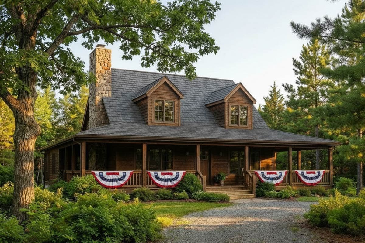 Rear elevation of a two-story house plan featuring a wraparound porch, dormer, and stone chimney.