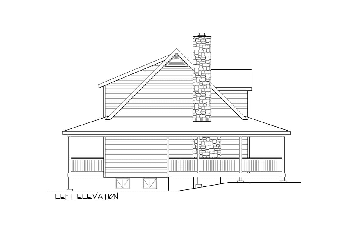 Right elevation drawing of a two-story house plan with a full porch, gabled roof, and stone chimney.