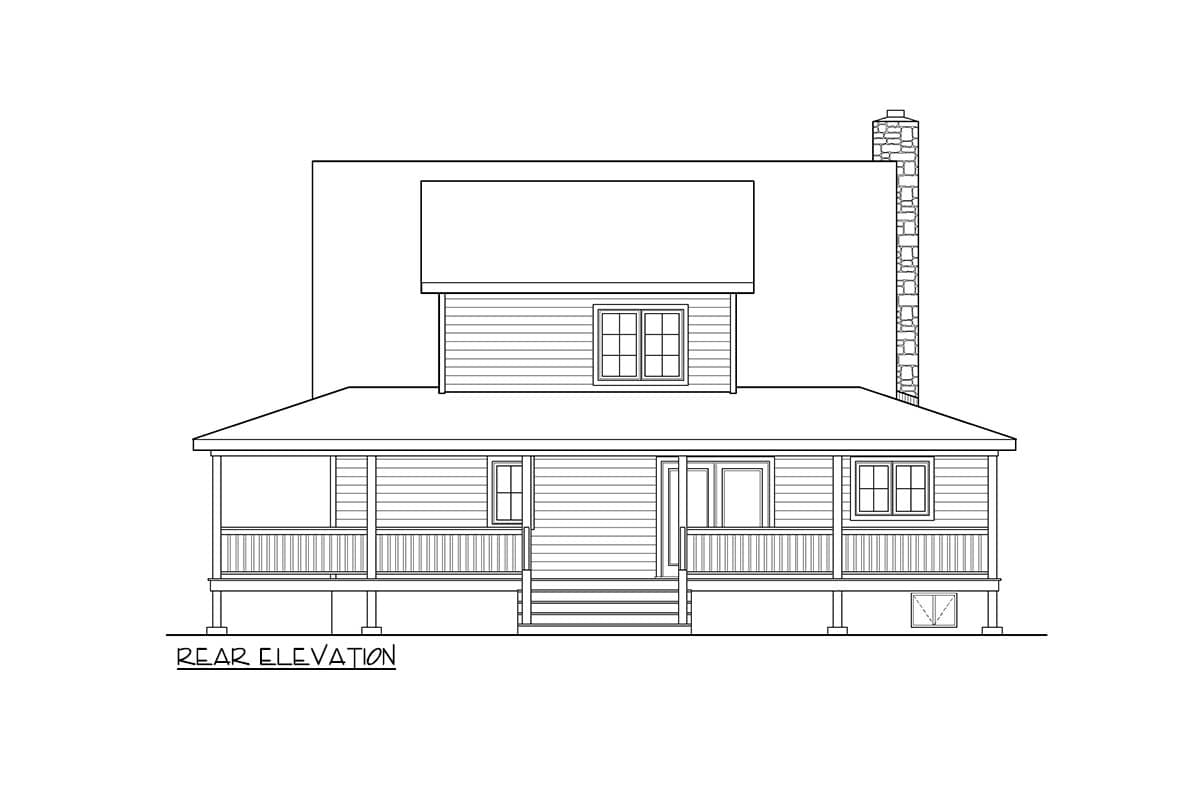 Left elevation house plan with full-width porch, prominent stone chimney, and multiple gables.