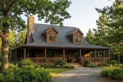 Rustic Cabin House Plan with Wraparound Porch and Main Floor Master