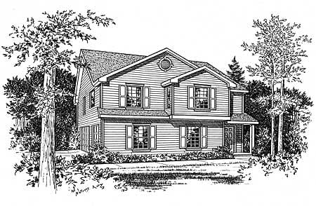 House plan exterior: Two-story home with siding, shutters, dormer, and covered front entry.
