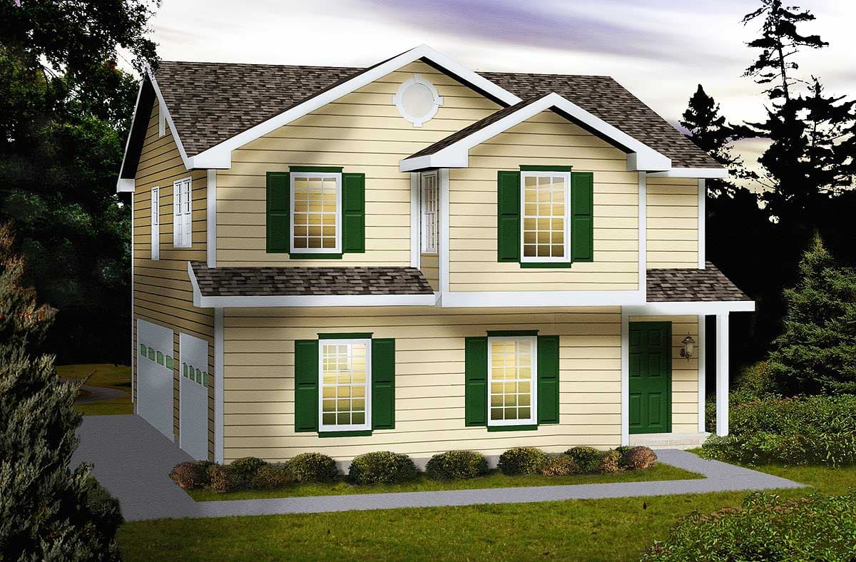 House plan exterior: Two-story home with side-entry garage, gabled dormer, and a covered front entrance.